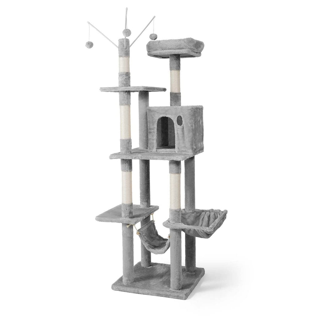 Tall Multi-Level Cat Tree with Scratching Posts, Hammock, Cat Cave Condo J125