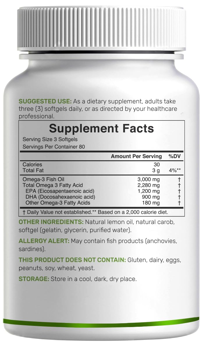 Omega 3 Fish Oil 3,000mg 240 Softgels EPA DHA Lemon Flavored Z14970
