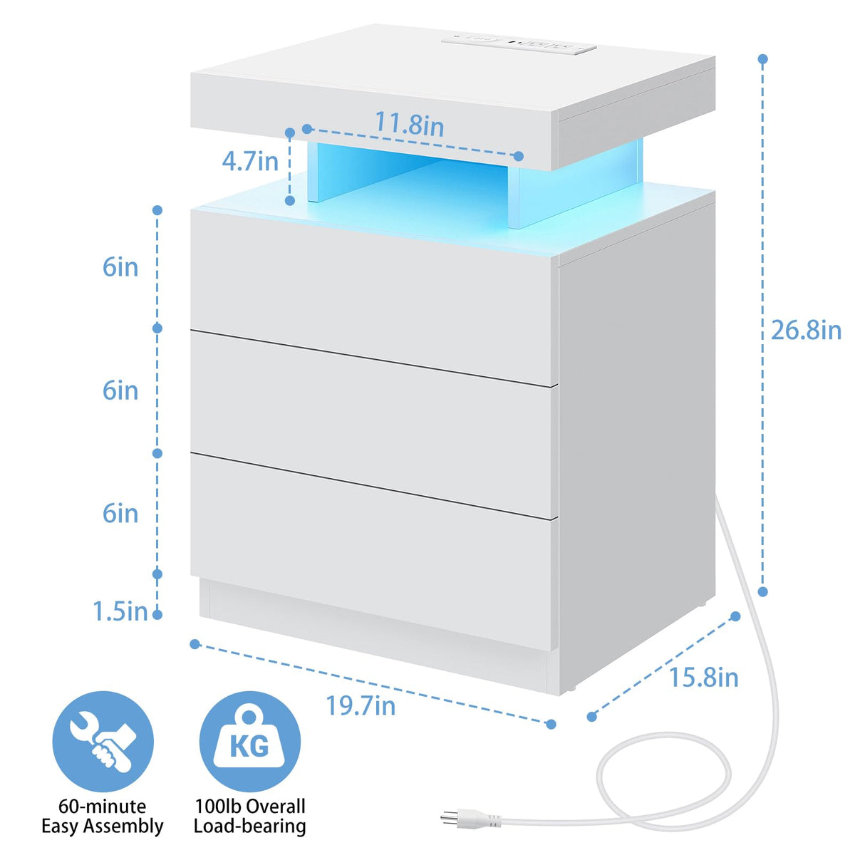 White 3 Drawer Nightstand with Wireless Charging Station E65833