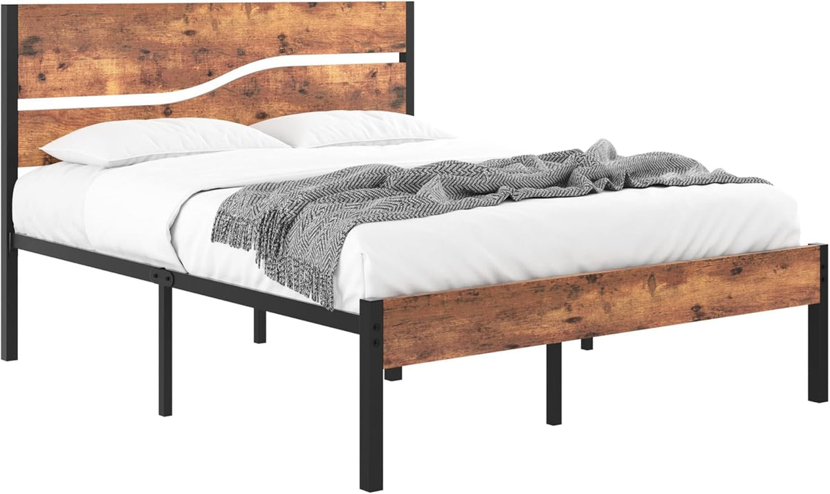 Full Size Metal Platform Bed with Wooden Headboard and Footboard X82872
