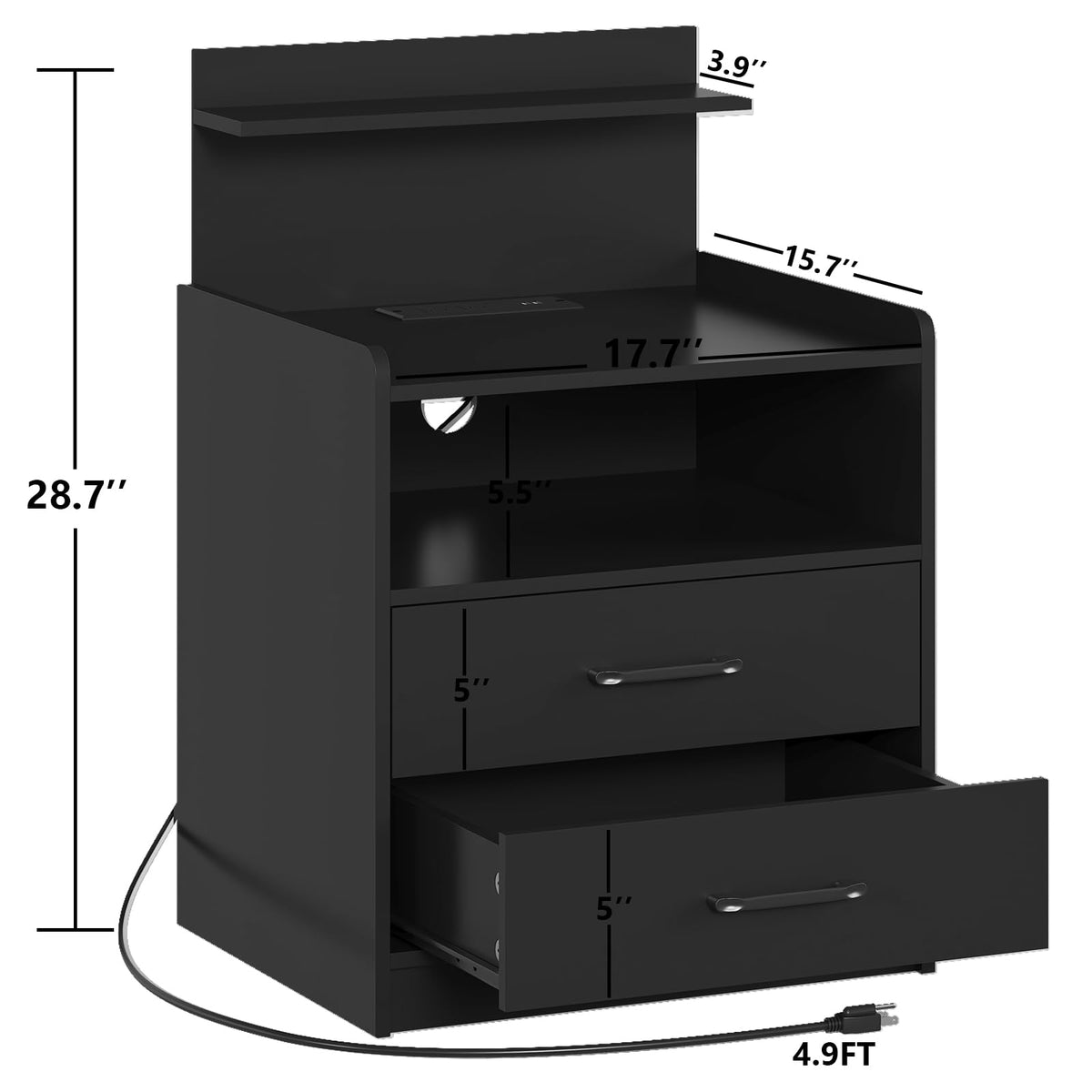 Black LED Nightstand with Charging Station and 2 Drawers G591563