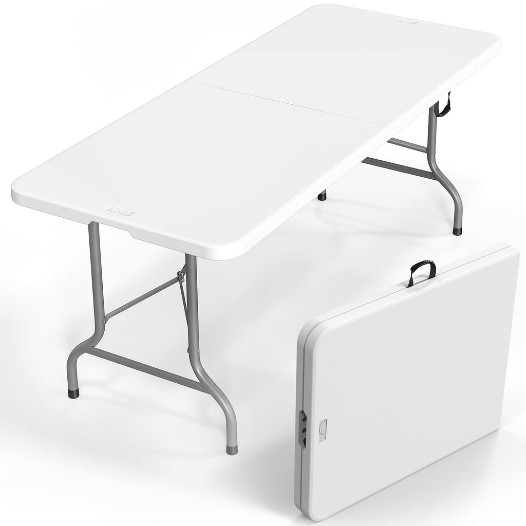 6 Foot White Plastic Folding Table with Carrying Handle J305340