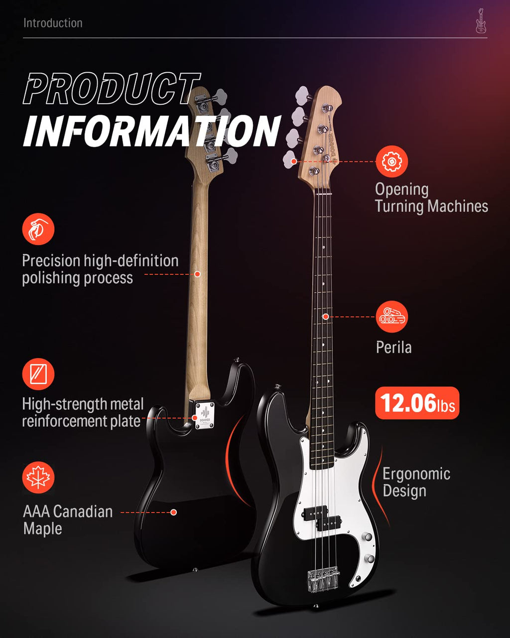 Electric Bass 4 Strings Full-Size Guitar Kit PB-Style Black E633790