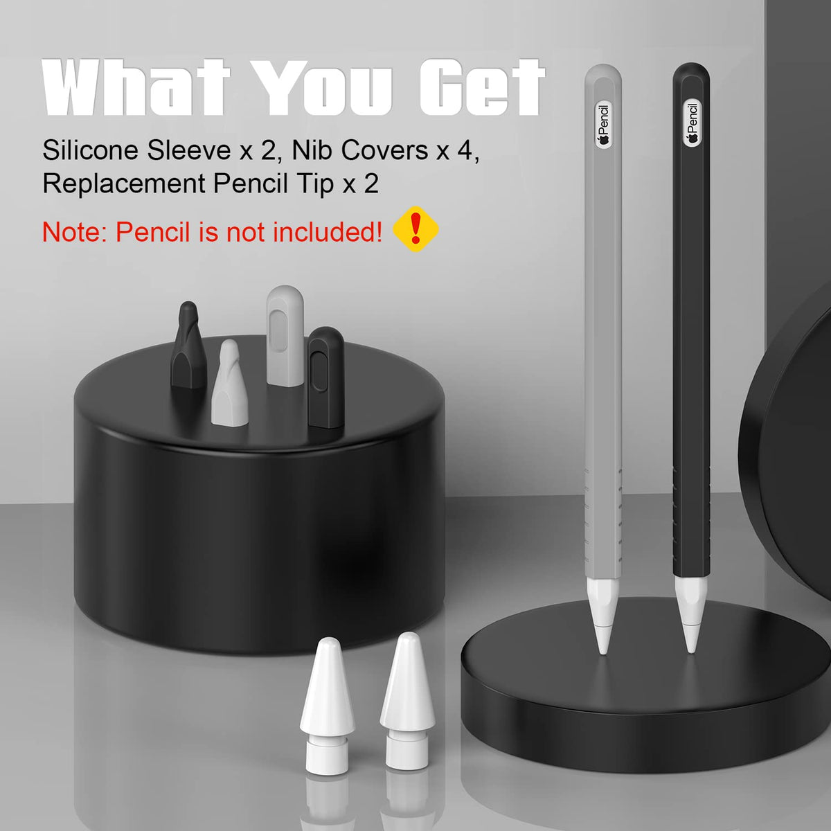 2 Pack Silicone Grip Sleeve with Pencil Tips and Nibs Cover, Black Grey R36731
