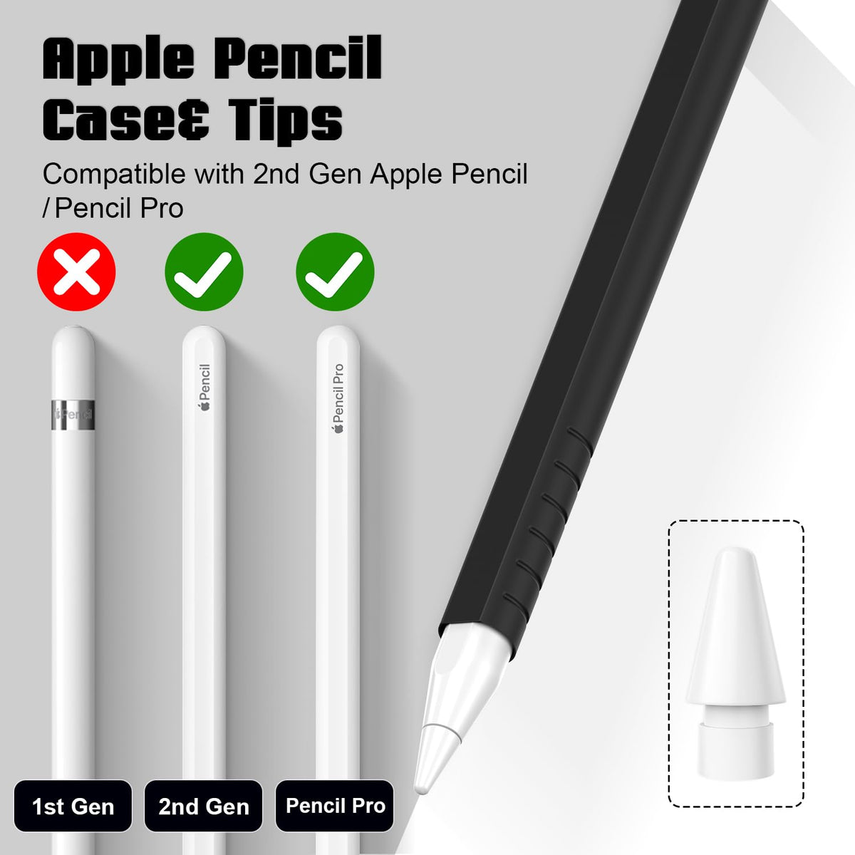 2 Pack Silicone Grip Sleeve with Pencil Tips and Nibs Cover, Black Grey R36731