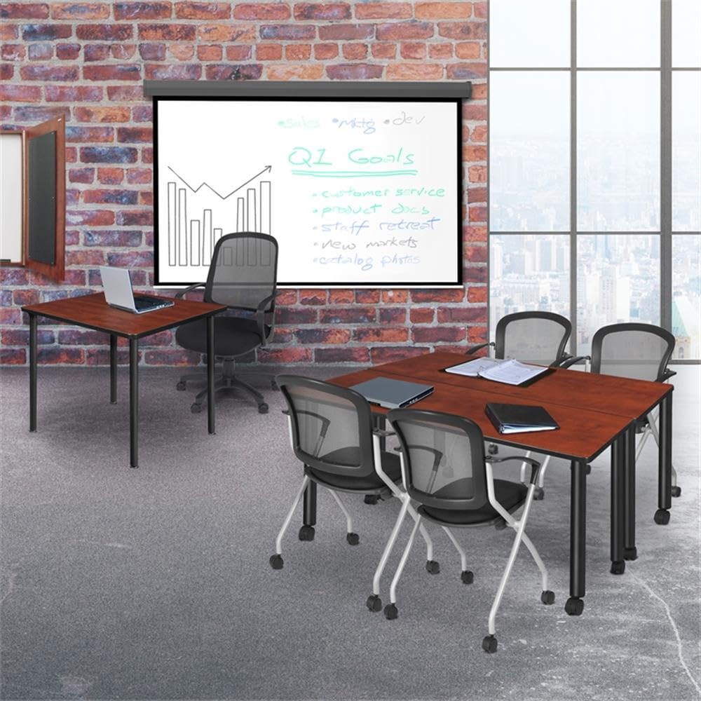 30" Square Folding Breakroom Table Reversible Cherry Maple Top Black Steel Legs R499821