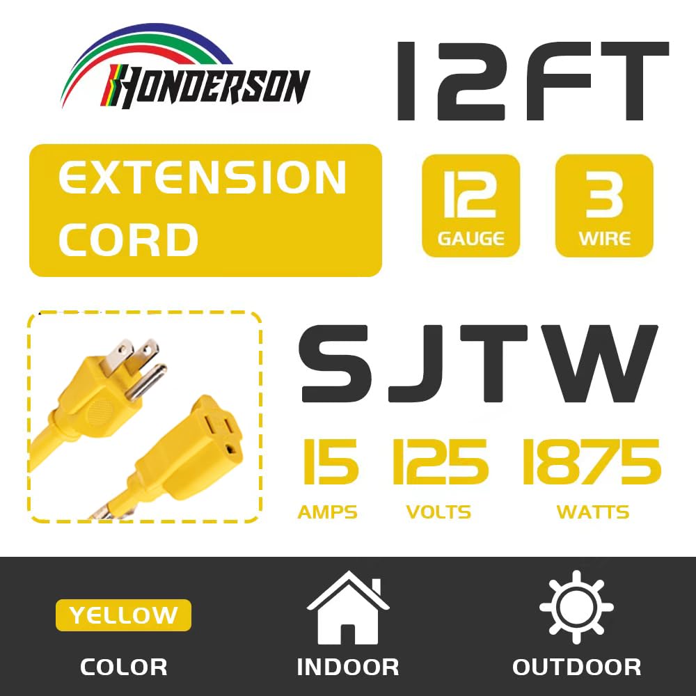 12 Gauge 12FT Yellow 3 Prong Extension Cord T3720