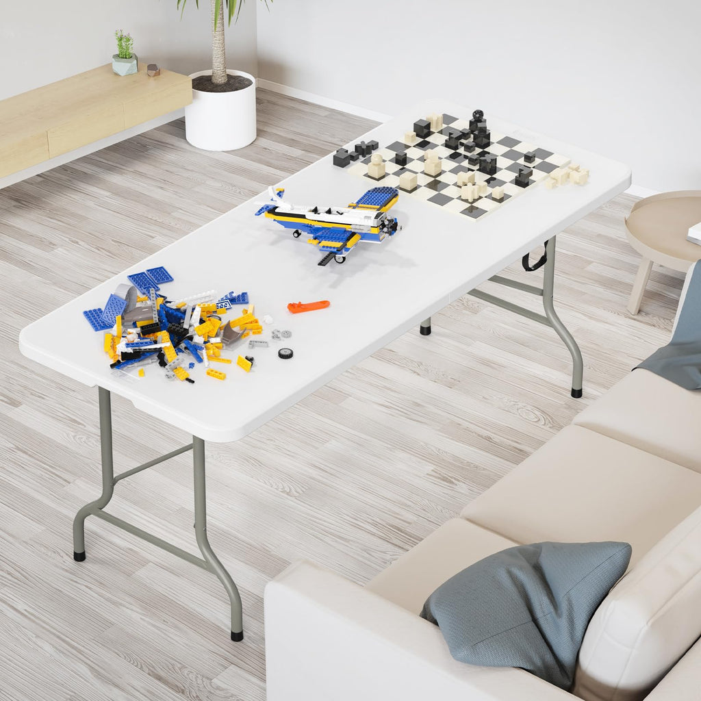 6 Foot White Plastic Folding Table with Carrying Handle J305340