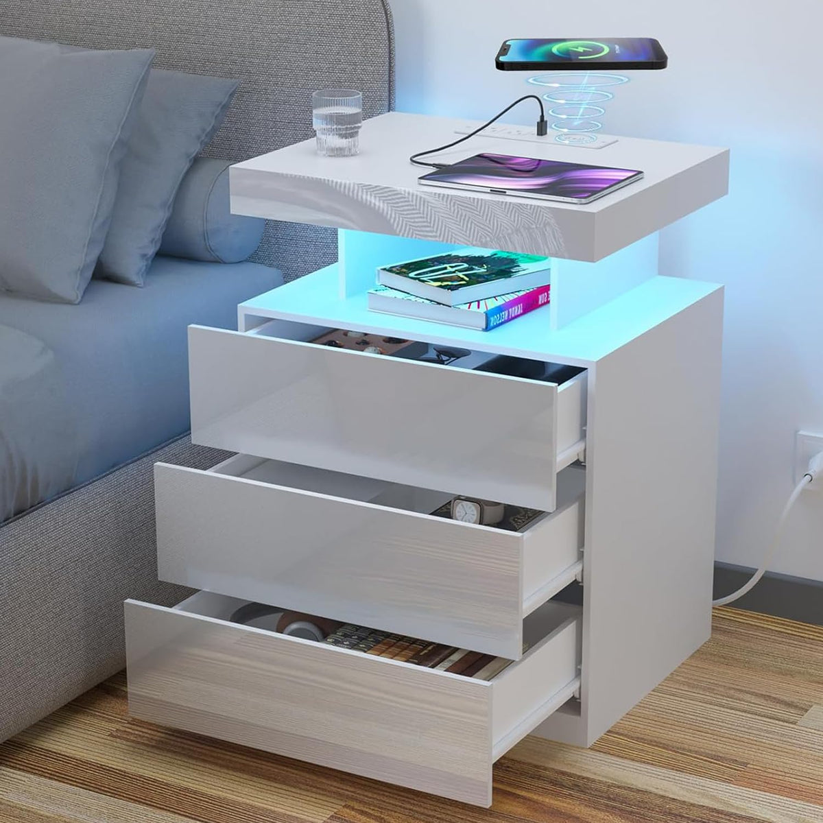 White 3 Drawer Nightstand with Wireless Charging Station E65833
