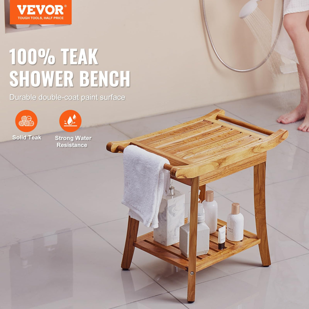 Teak Shower Bench with Storage Shelf N214542