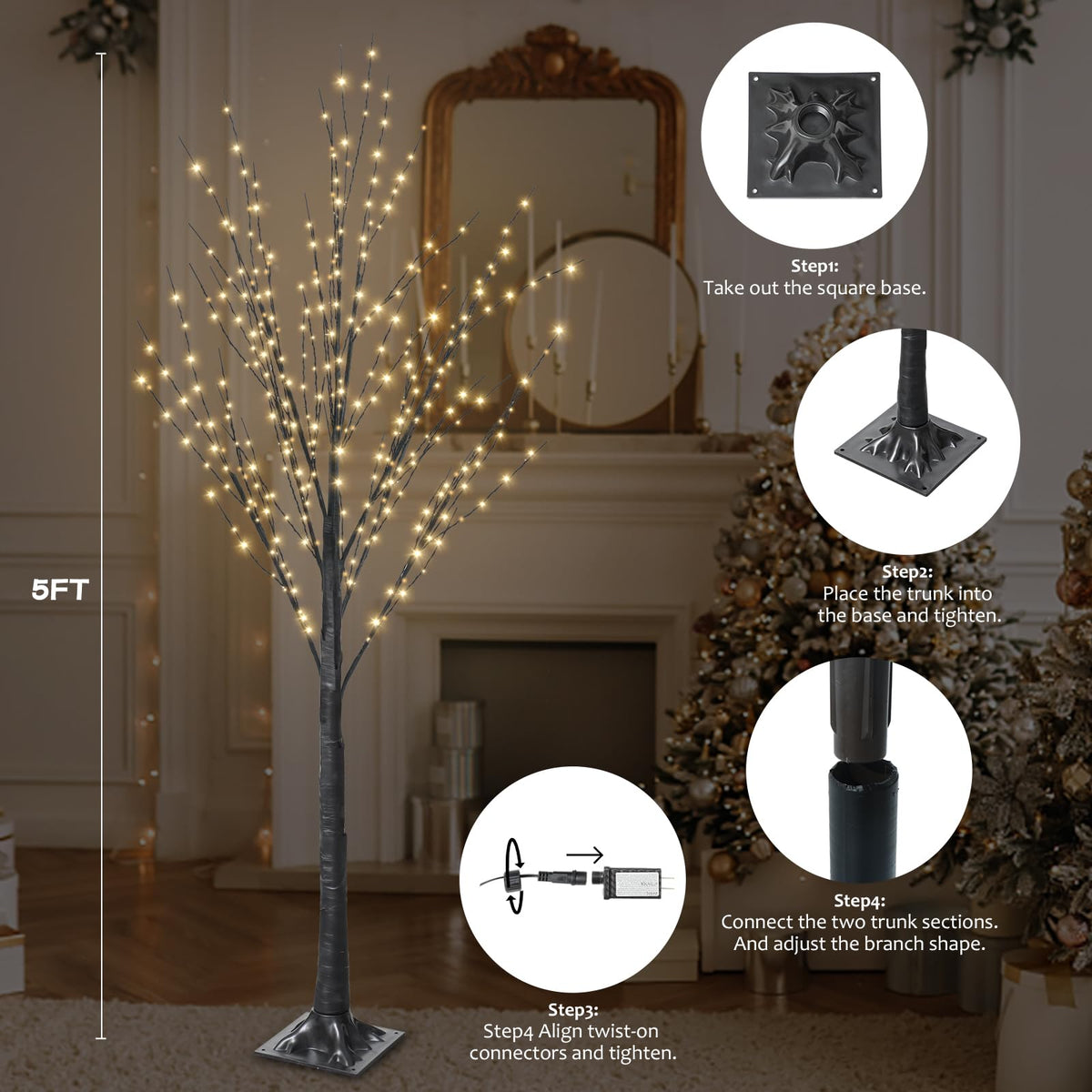 5FT Lighted Birch Tree with 400 LED Warm White Lights F24298