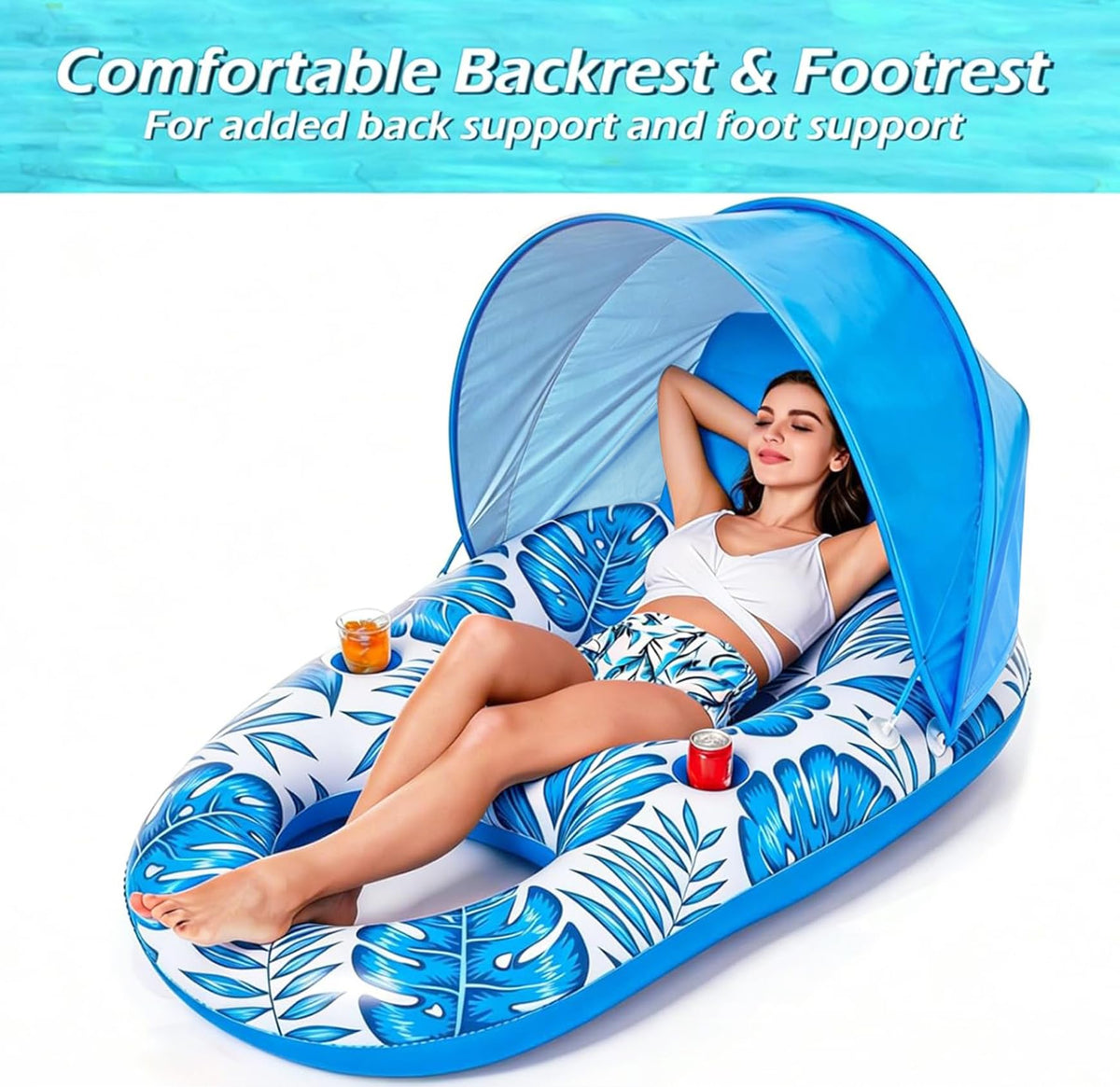 Inflatable Pool Float Lounger with Canopy and Cup Holders Q114