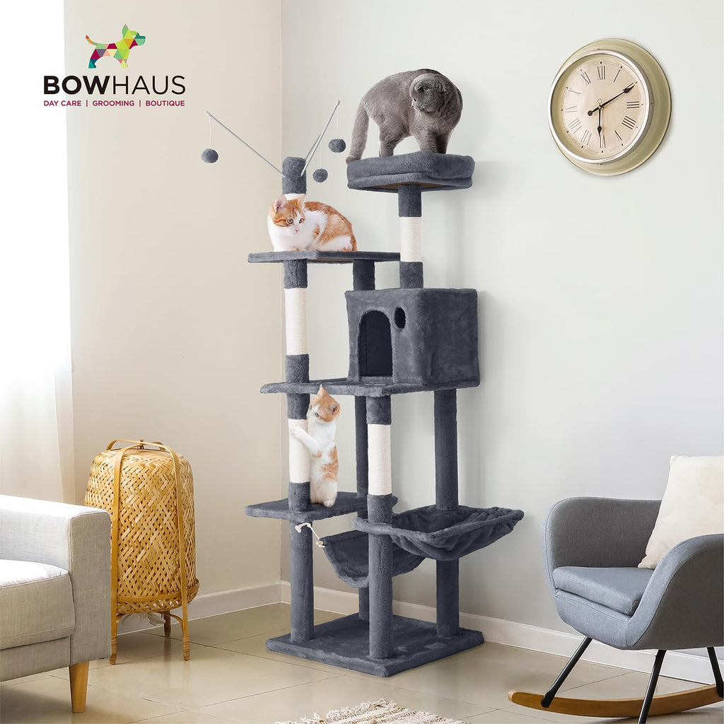 Tall Multi-Level Cat Tree with Scratching Posts, Hammock, Cat Cave Condo J125