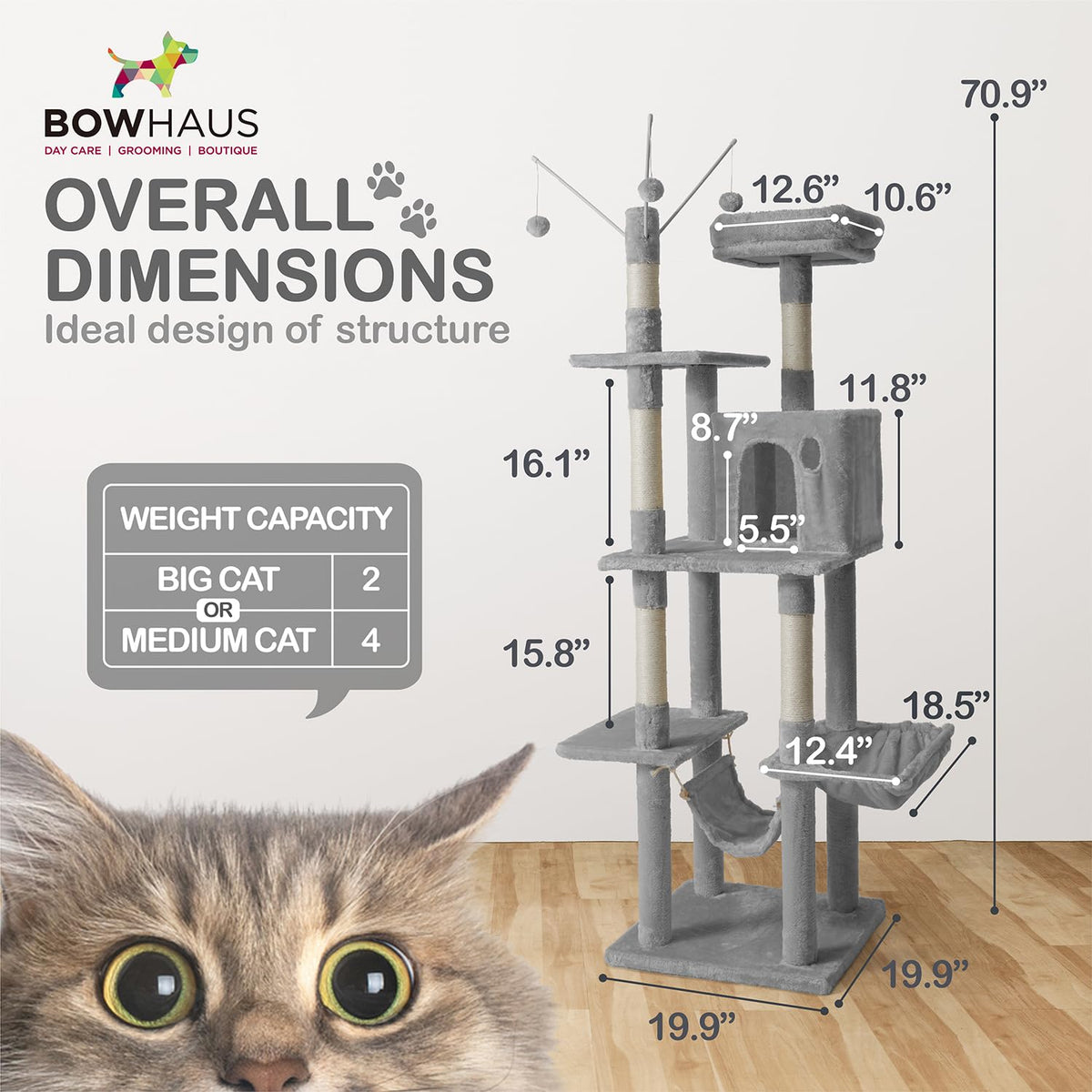 Tall Multi-Level Cat Tree with Scratching Posts, Hammock, Cat Cave Condo J125