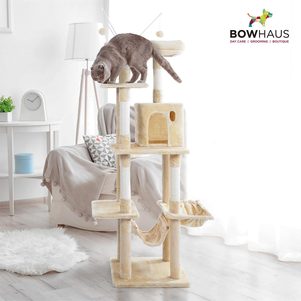 Tall Multi-Level Cat Tree with Scratching Posts, Hammock, Cat Cave Condo J125