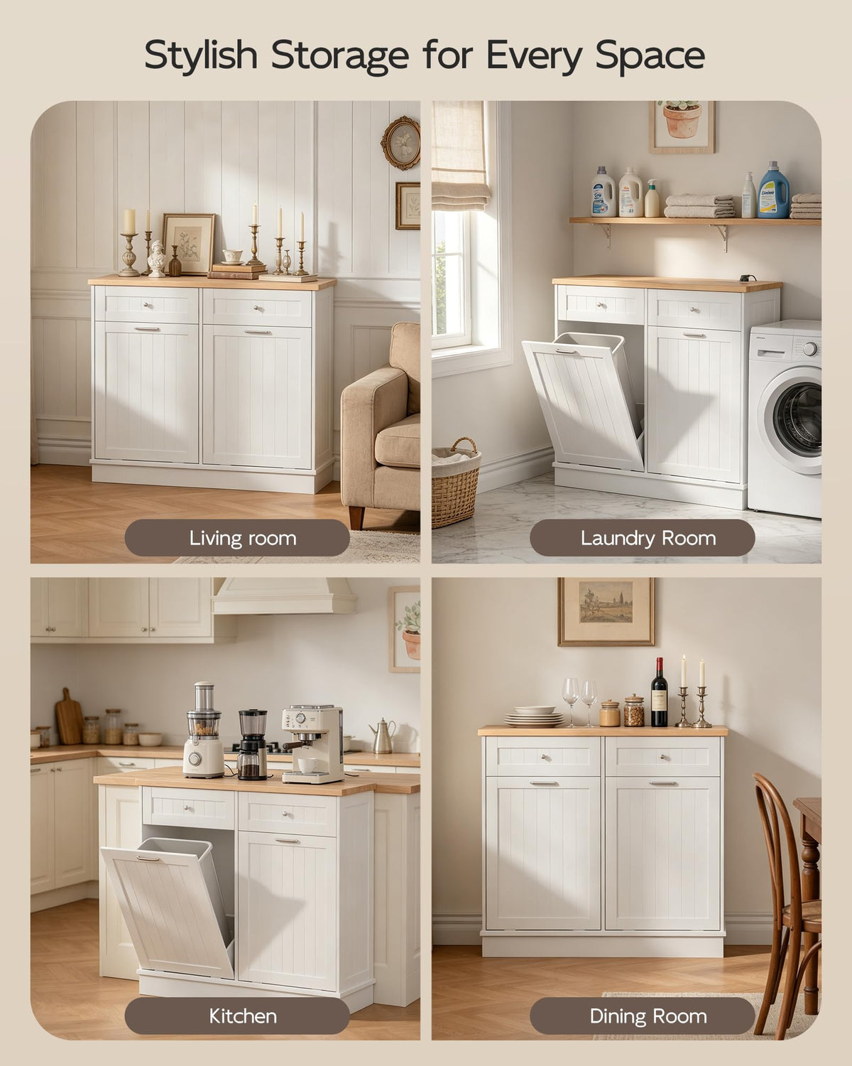 White Wooden Tilt Out Trash Cabinet with 2 Drawers M911278