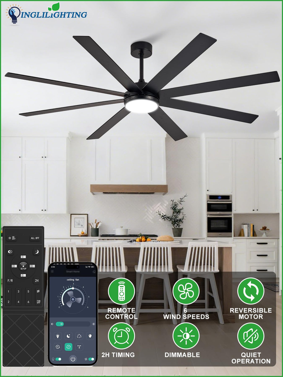 Black 72in Ceiling Fan with Lights K800570