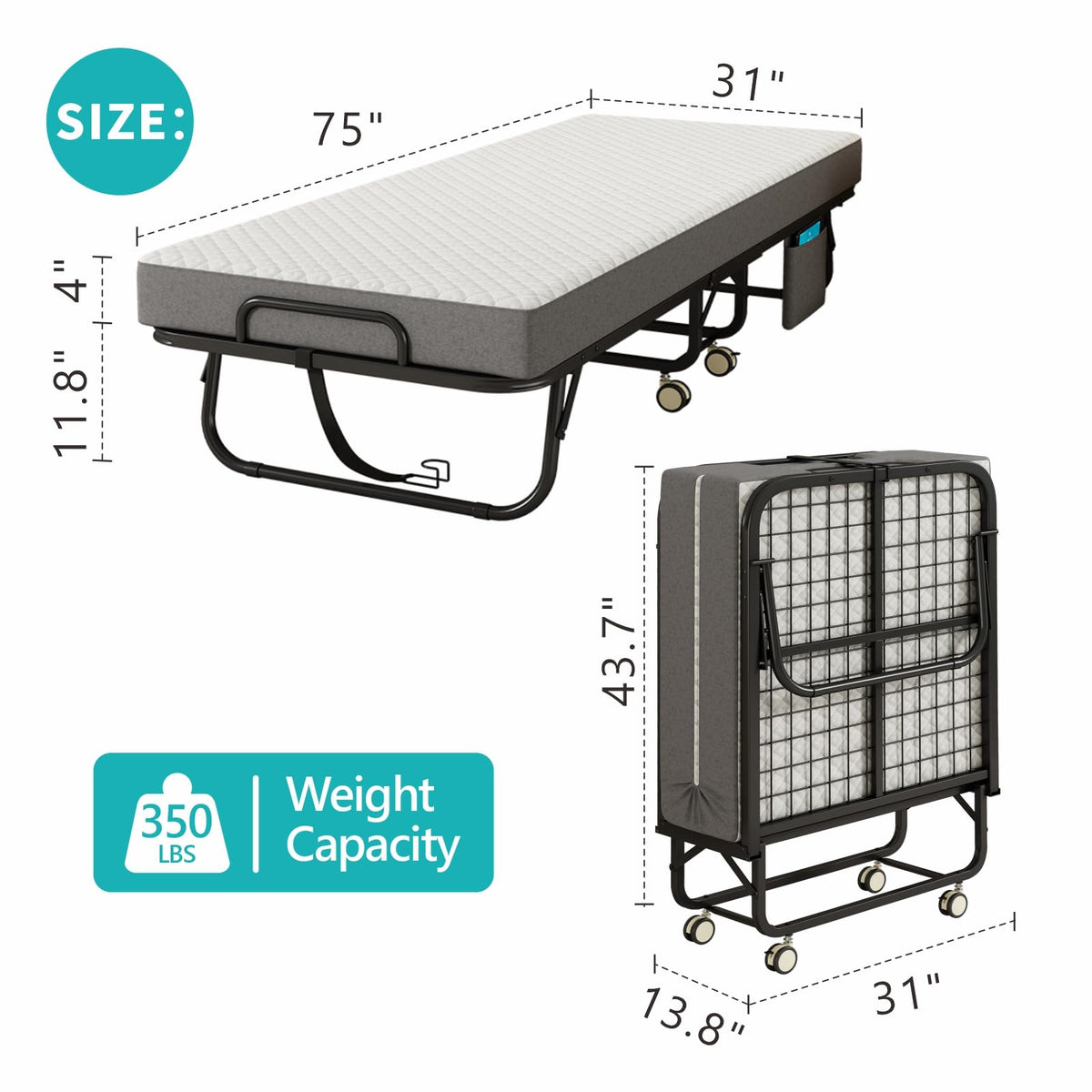 Folding Bed with Mattress, 75" x 31" Portable Rollaway Bed, Metal Frame Guest Bed with Memory Foam Mattress N4144