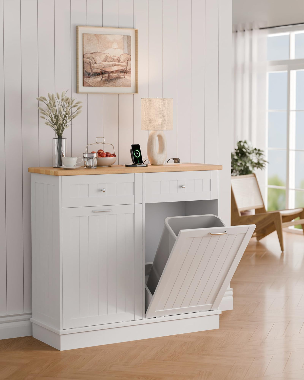 White Wooden Tilt Out Trash Cabinet with 2 Drawers M911278