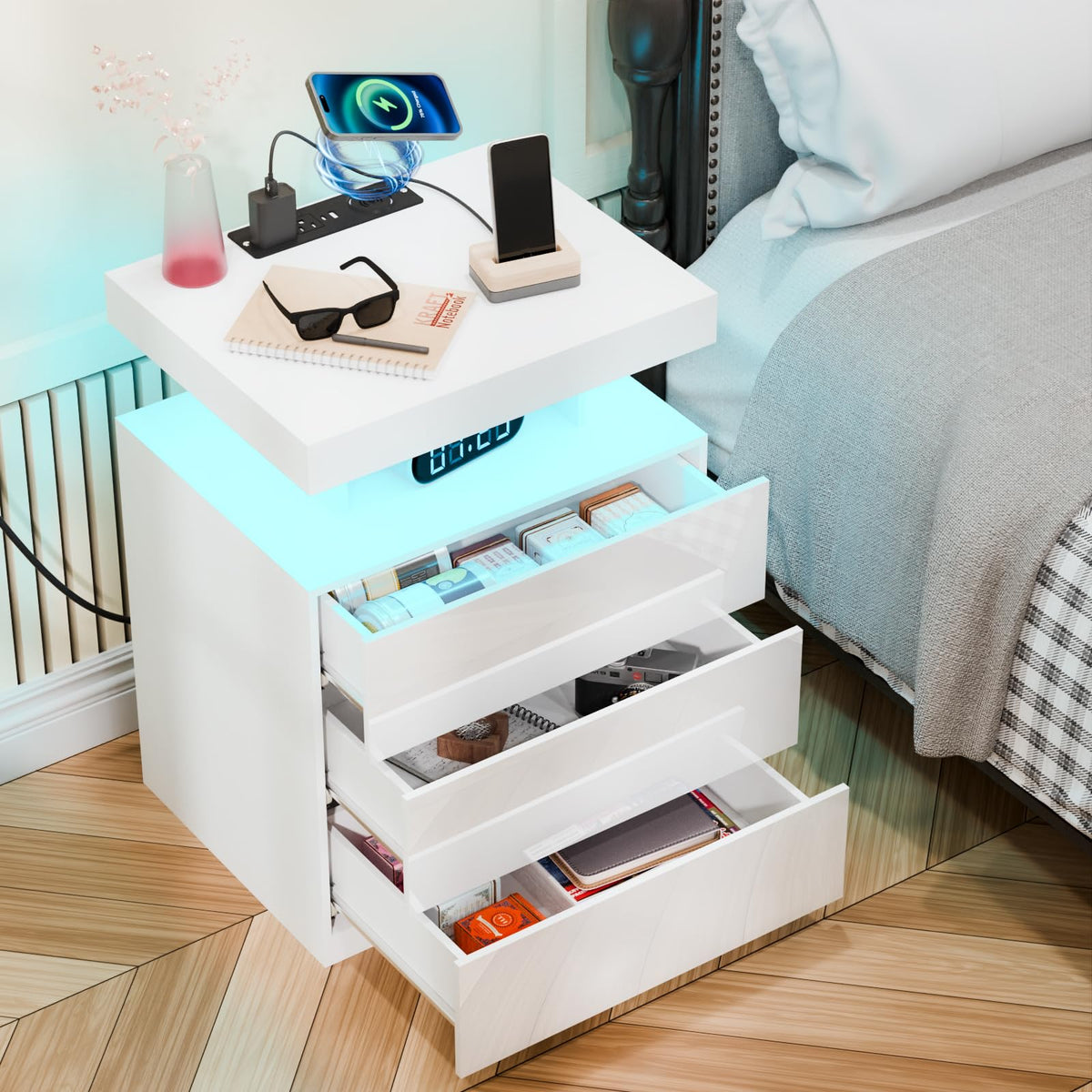 White 3 Drawer Nightstand with Wireless Charging Station E65833