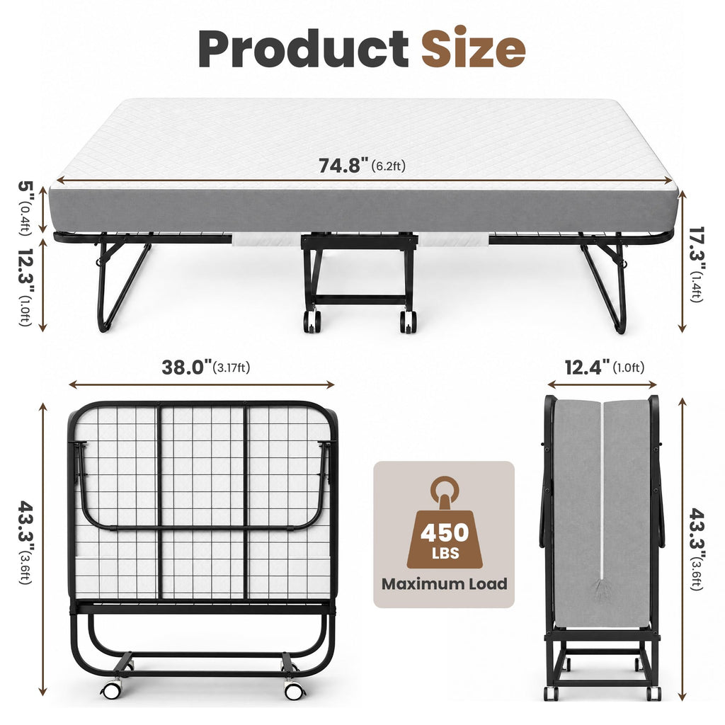 Folding Bed with Mattress, Twin Memory Foam P826578