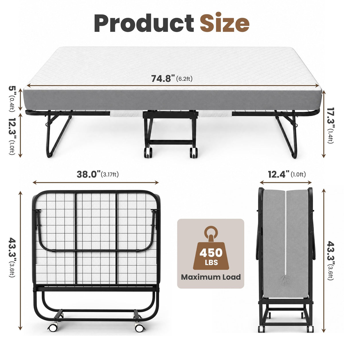 Folding Bed with Mattress, Twin Memory Foam P826578