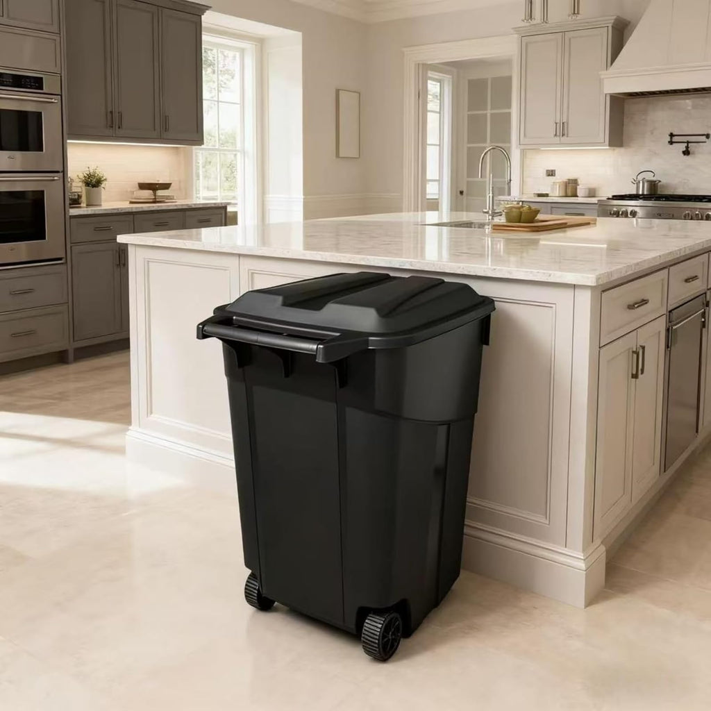 Black 45 Gallon Wheeled Heavy Duty Plastic Trash Can with Lid T7255