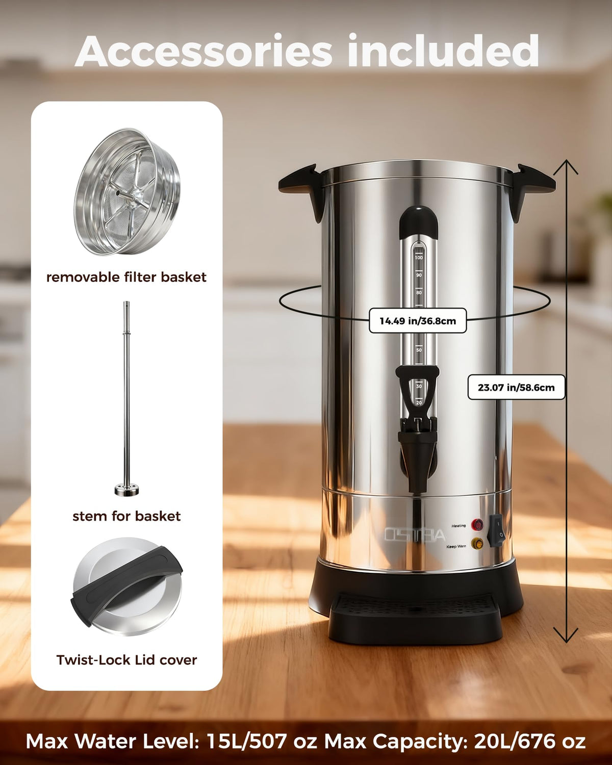 100-Cup Commercial Coffee Urn 15L Stainless Steel Percolator S86723