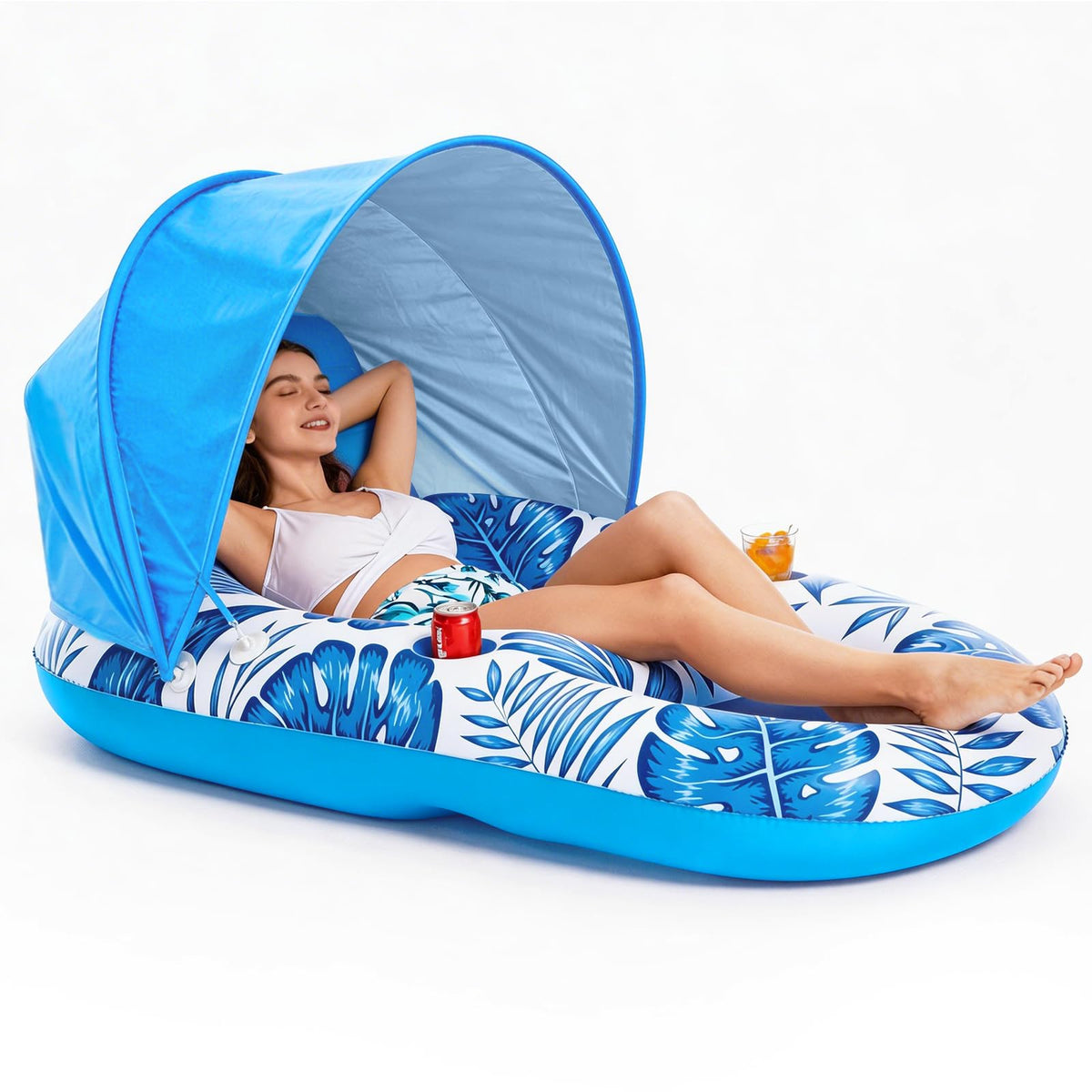 Inflatable Pool Float Lounger with Canopy and Cup Holders Q114