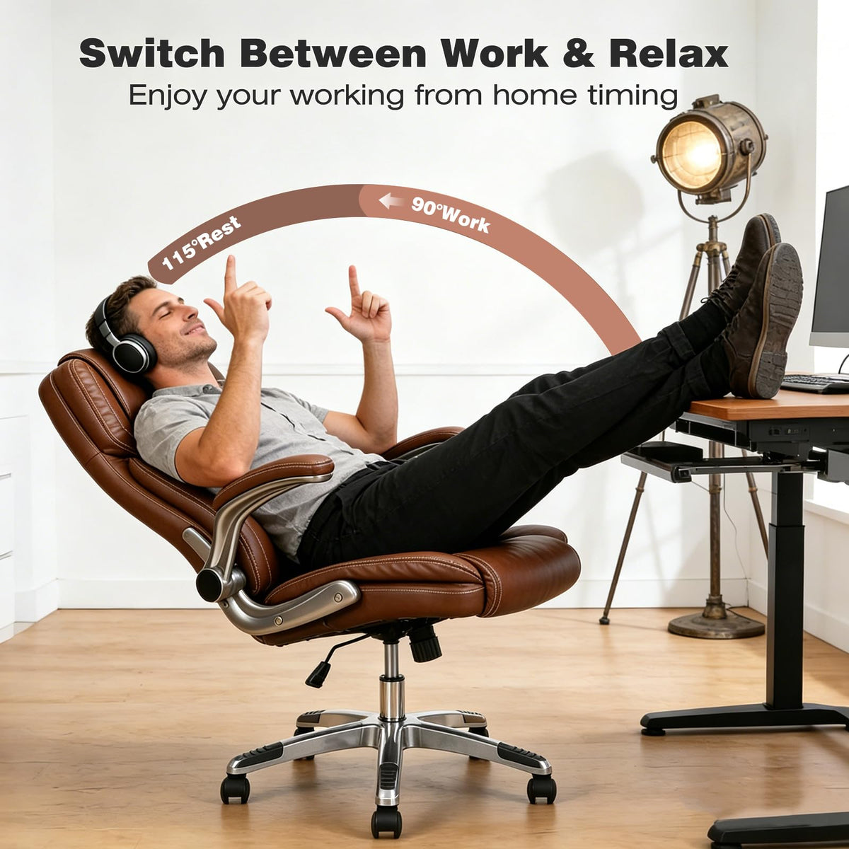 Brown Leather Executive Office Chair with Flip up Arms L82426