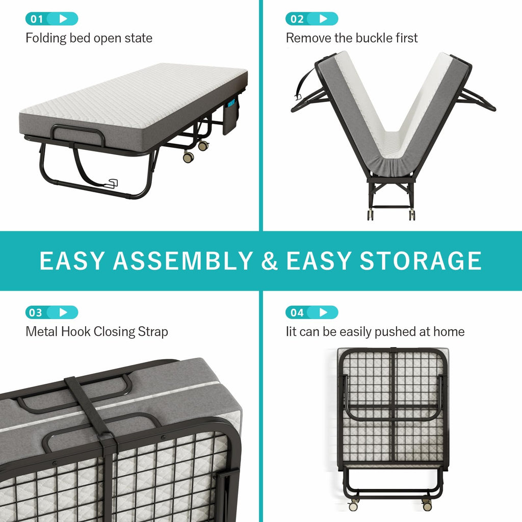 Folding Bed with Mattress, 75" x 31" Portable Rollaway Bed, Metal Frame Guest Bed with Memory Foam Mattress N4144