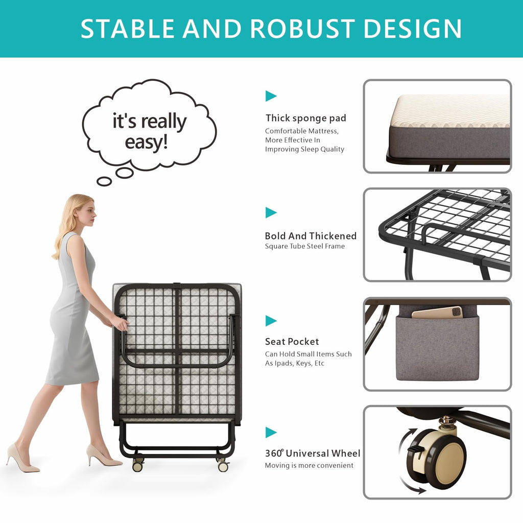 Folding Bed with Mattress, 75" x 31" Portable Rollaway Bed, Metal Frame Guest Bed with Memory Foam Mattress N4144