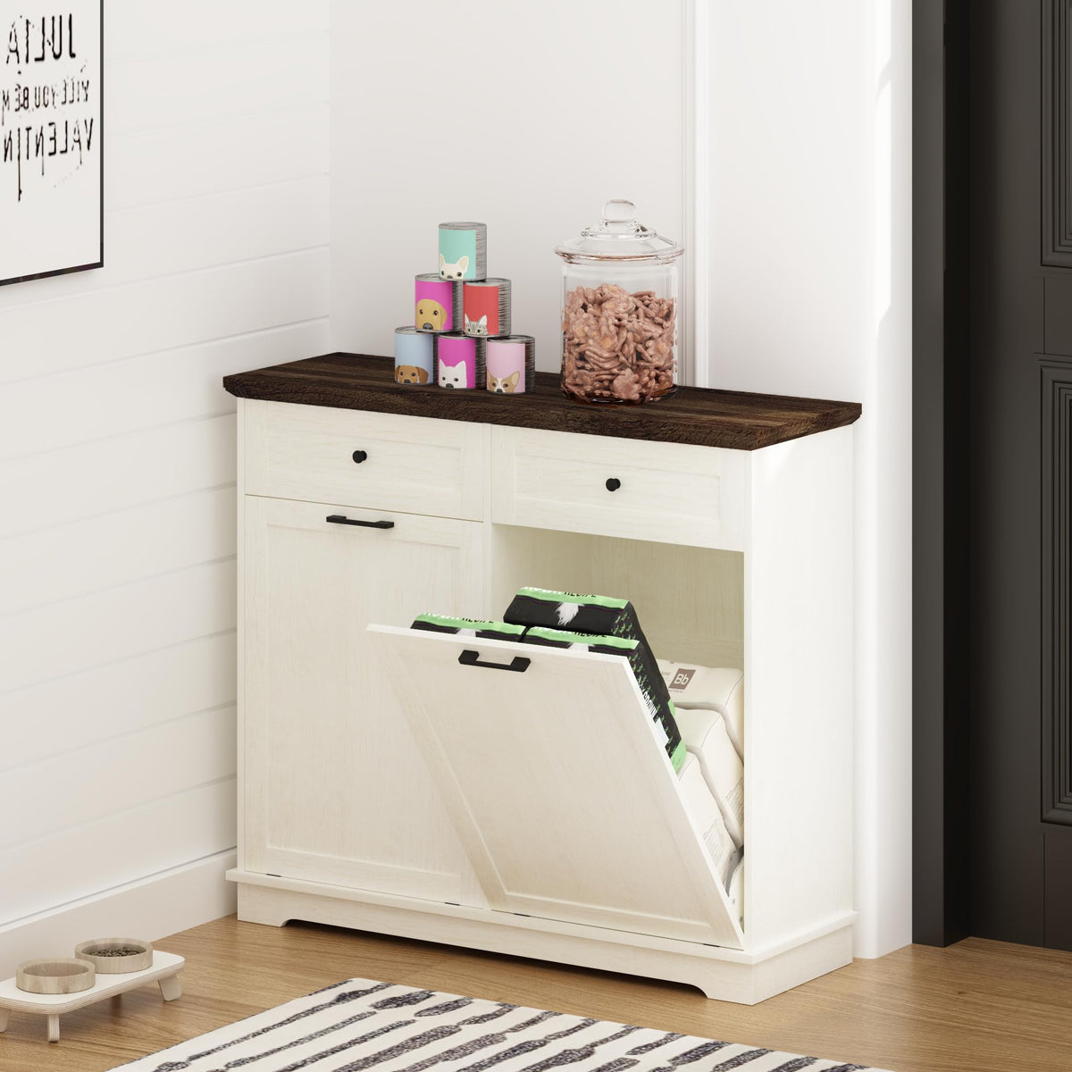20 Gallon Double Tilt Out Wood Trash Can Cabinet with Drawer F71644
