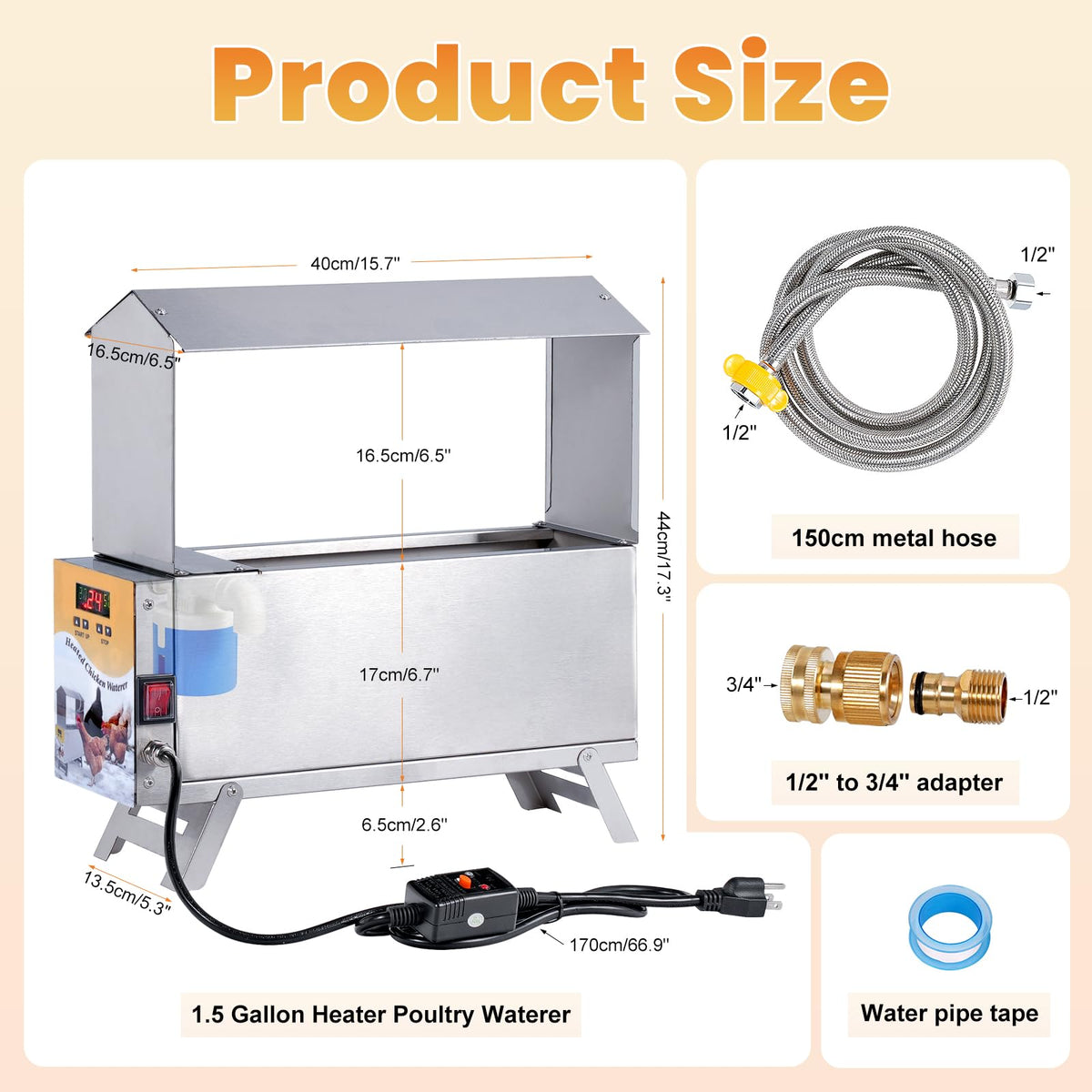 Heated 2 Gallon Stainless Steel Chicken Waterer V249