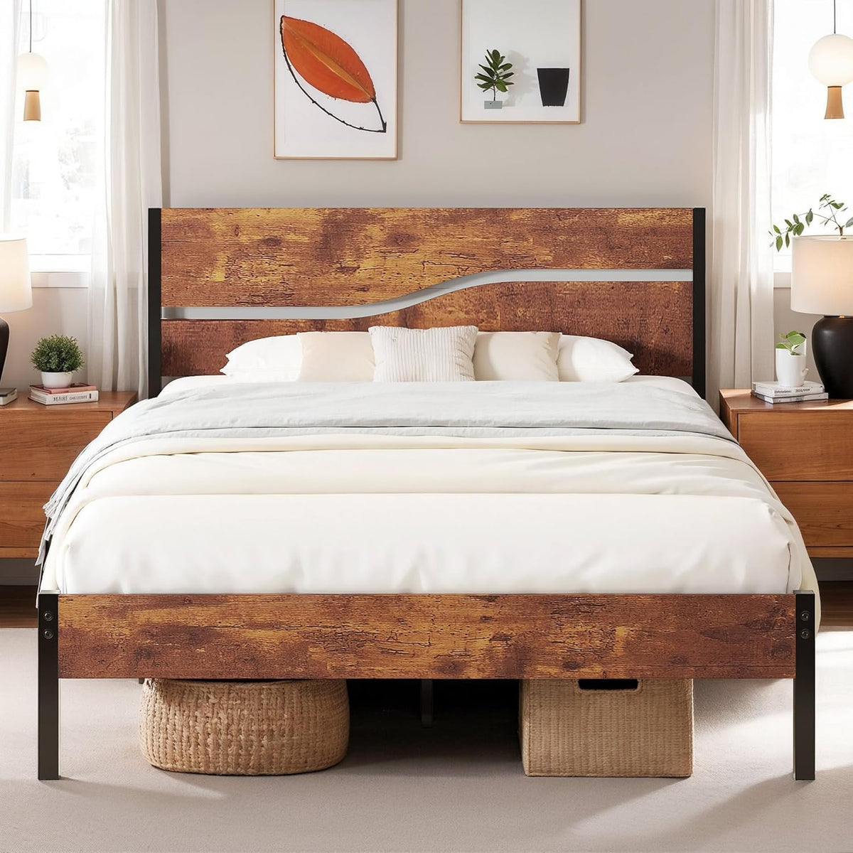 Full Size Metal Platform Bed with Wooden Headboard and Footboard X82872