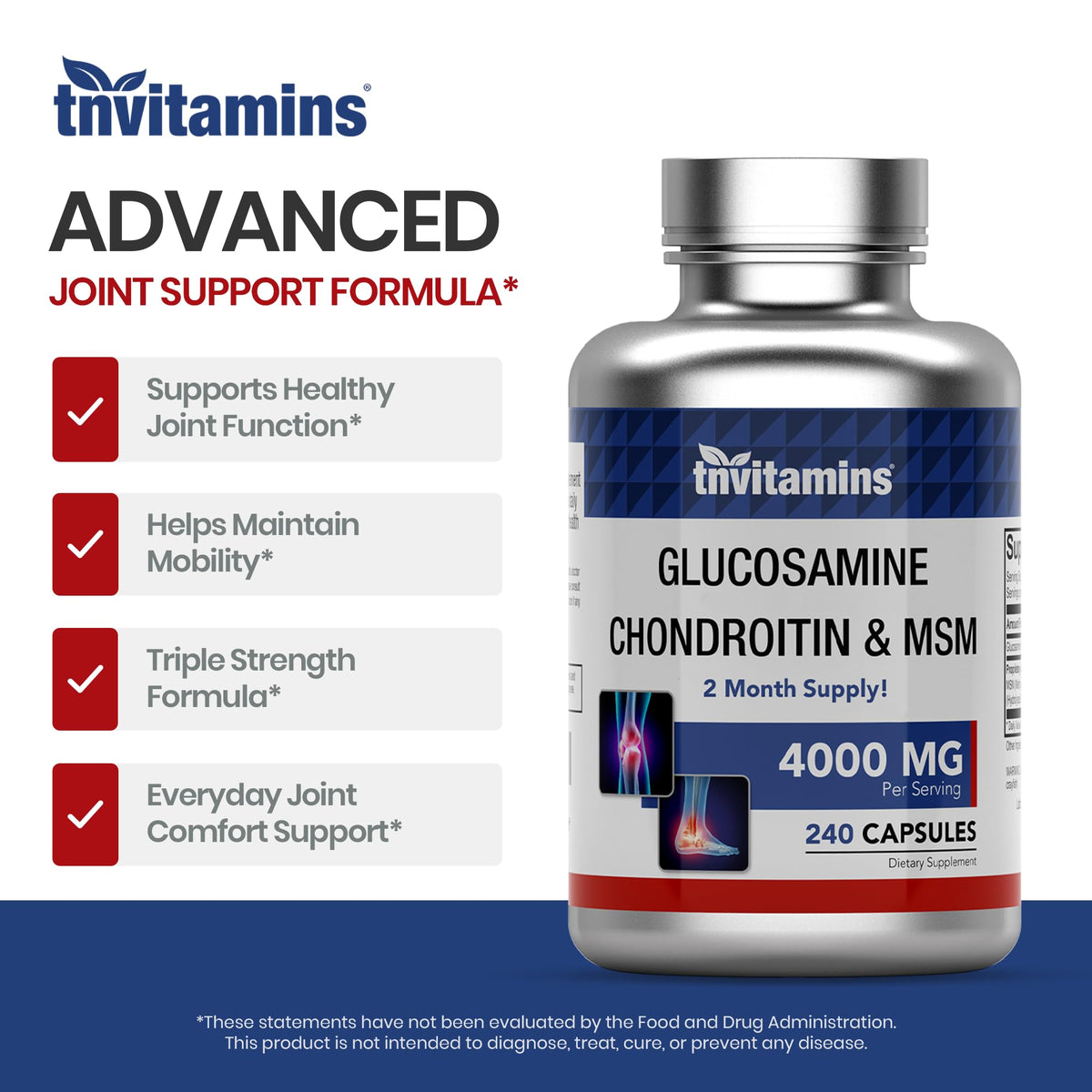 Glucosamine Chondroitin MSM 240 Capsules 4,000 mg Joint Support Supplement O1482