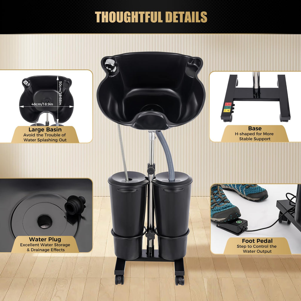 Portable Height and Angle Adjustable Shampoo Basin with 2 Water Buckets and 4 Wheels J623219