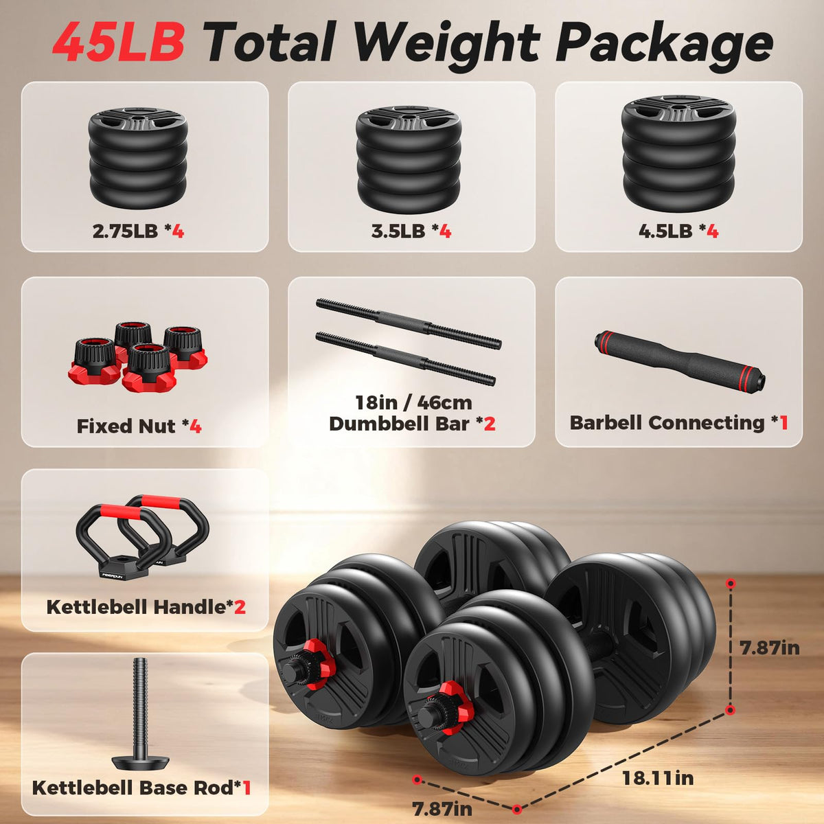 Adjustable 5 in 1 Dumbbell Set 20-90 lbs L4716