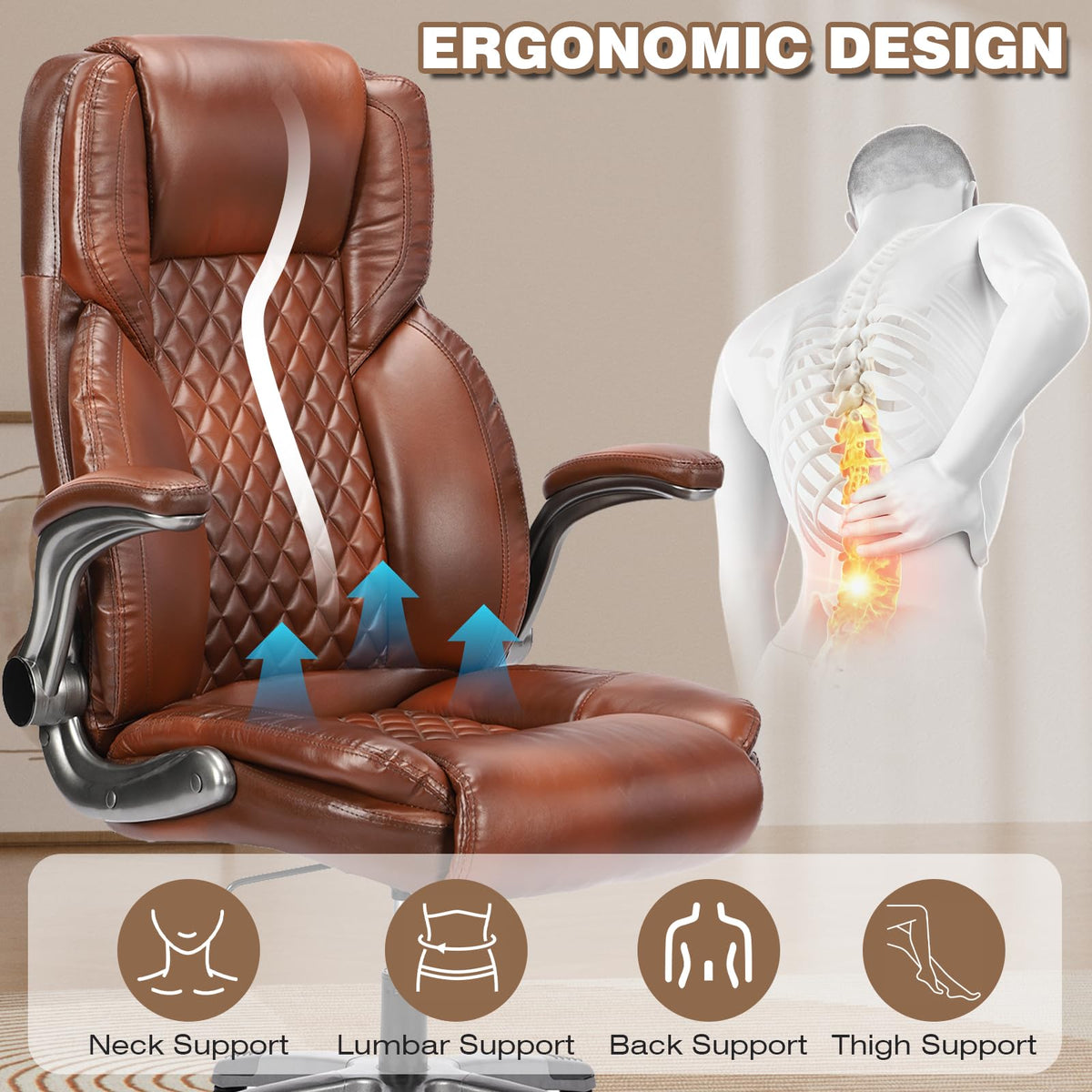 Brown Leather Executive Office Chair with Flip up Arms L82426