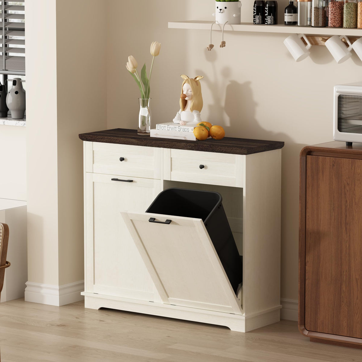 20 Gallon Double Tilt Out Wood Trash Can Cabinet with Drawer F71644