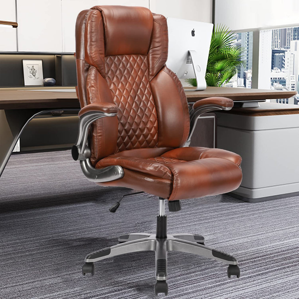 Brown Leather Executive Office Chair with Flip up Arms L82426