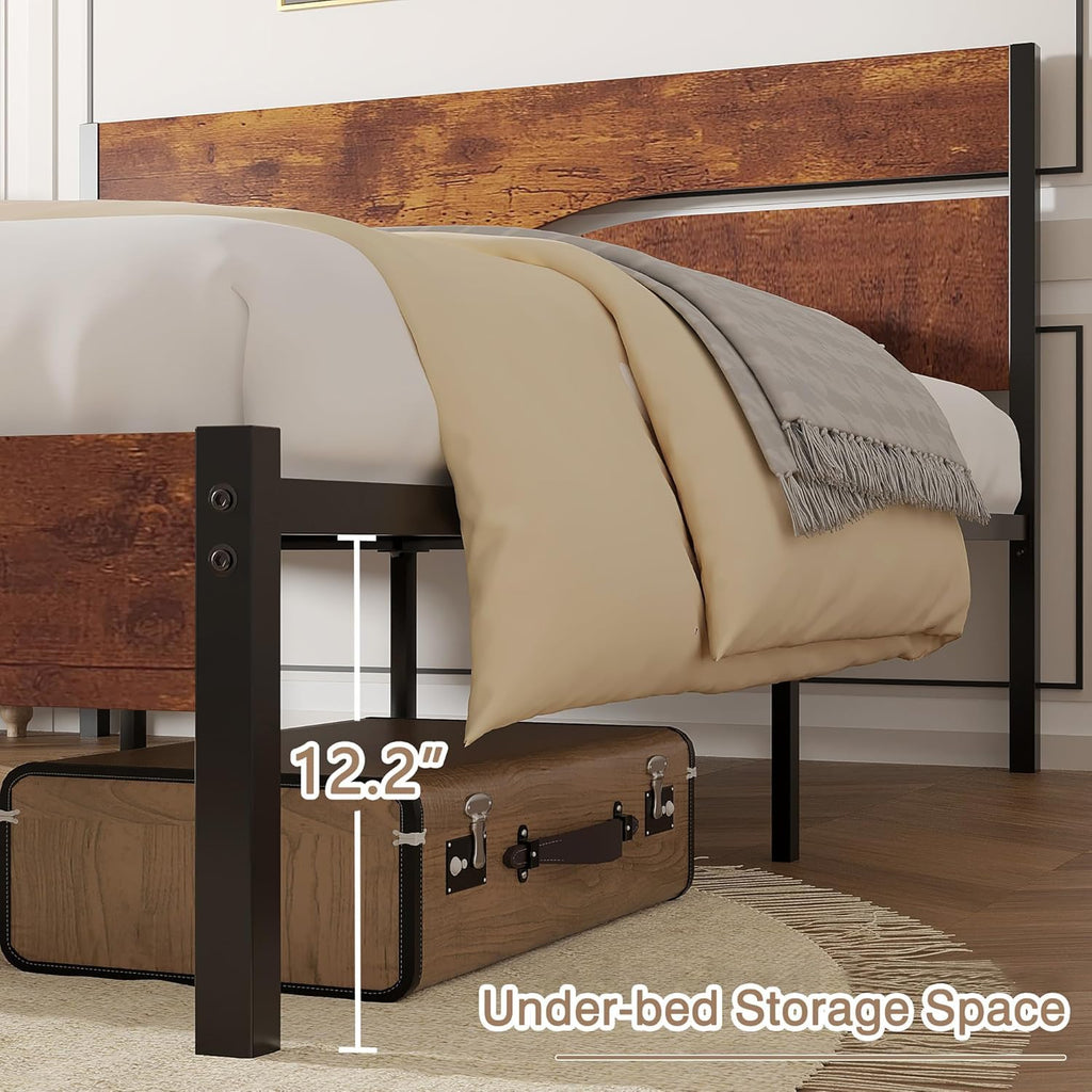 Full Size Metal Platform Bed with Wooden Headboard and Footboard X82872
