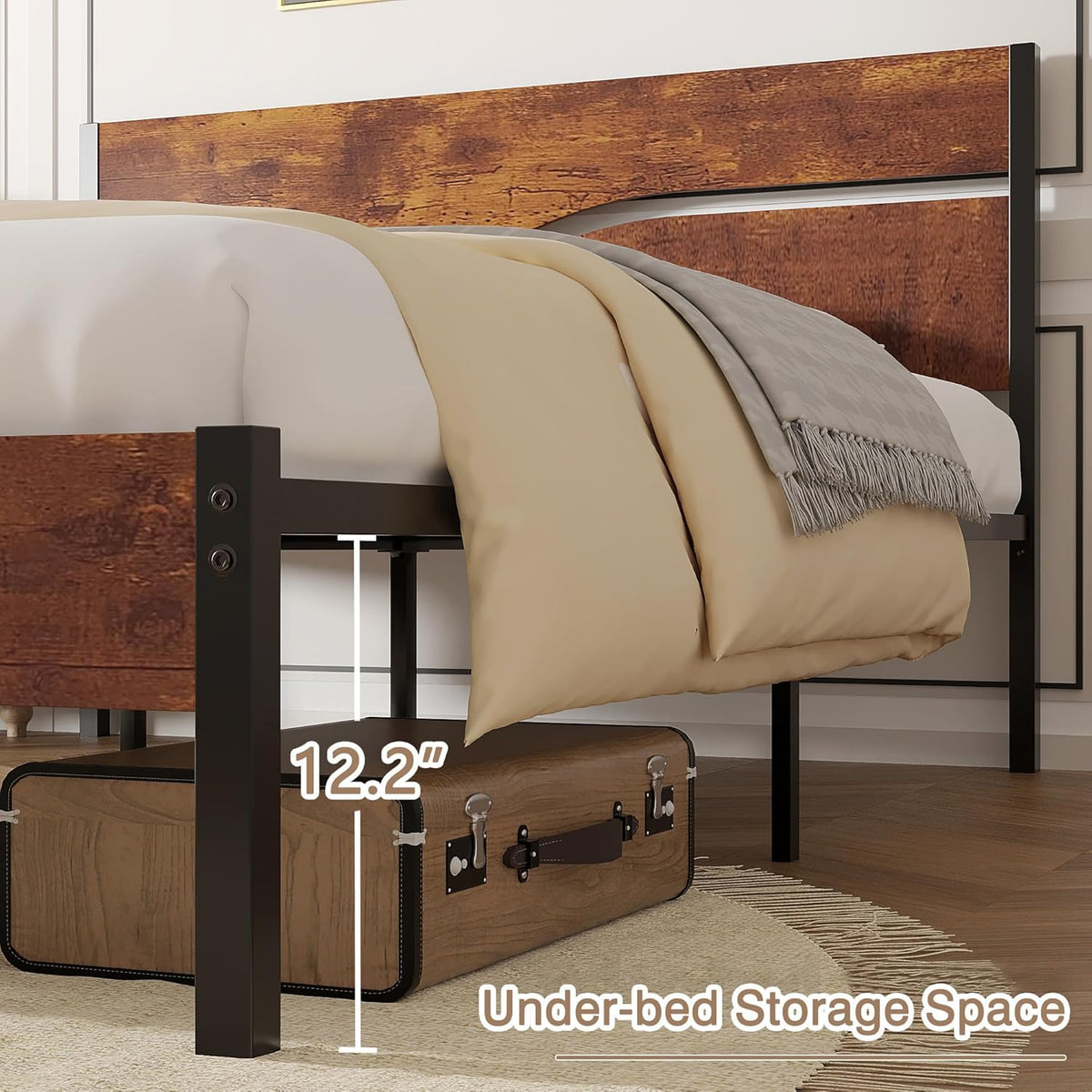 Full Size Metal Platform Bed with Wooden Headboard and Footboard X82872