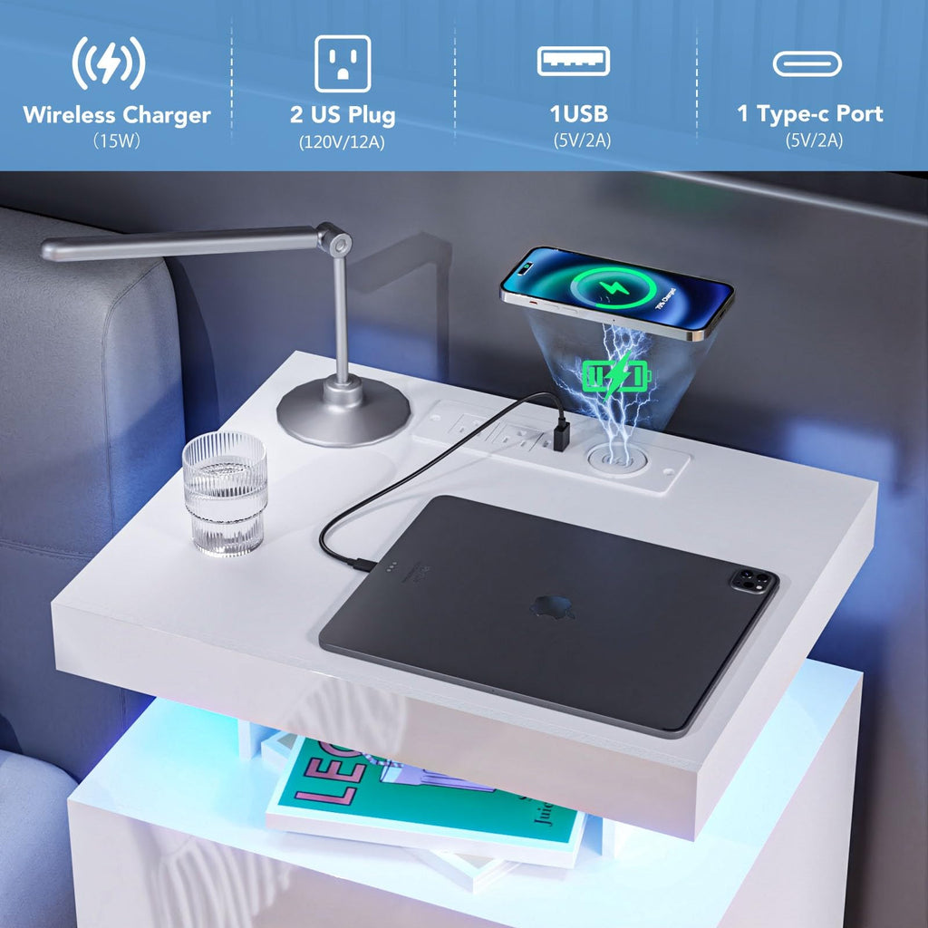 White 3 Drawer Nightstand with Wireless Charging Station E65833