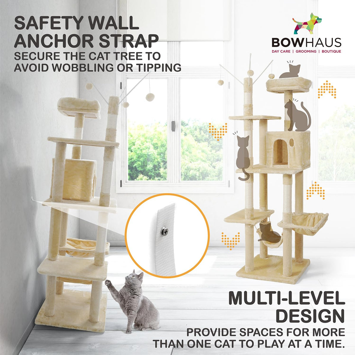 Tall Multi-Level Cat Tree with Scratching Posts, Hammock, Cat Cave Condo J125