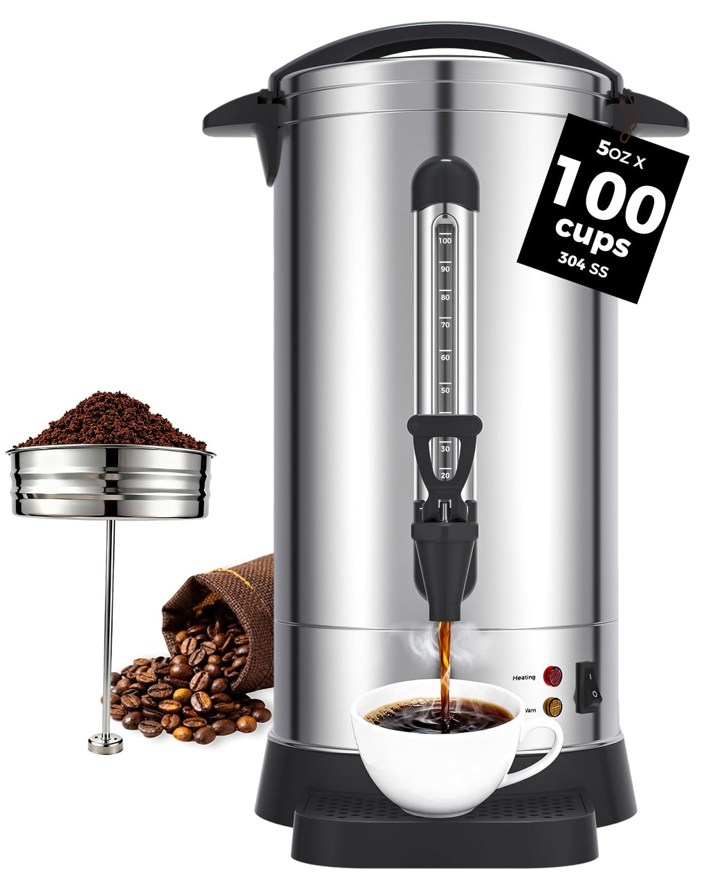 100-Cup Commercial Coffee Urn 15L Stainless Steel Percolator S86723