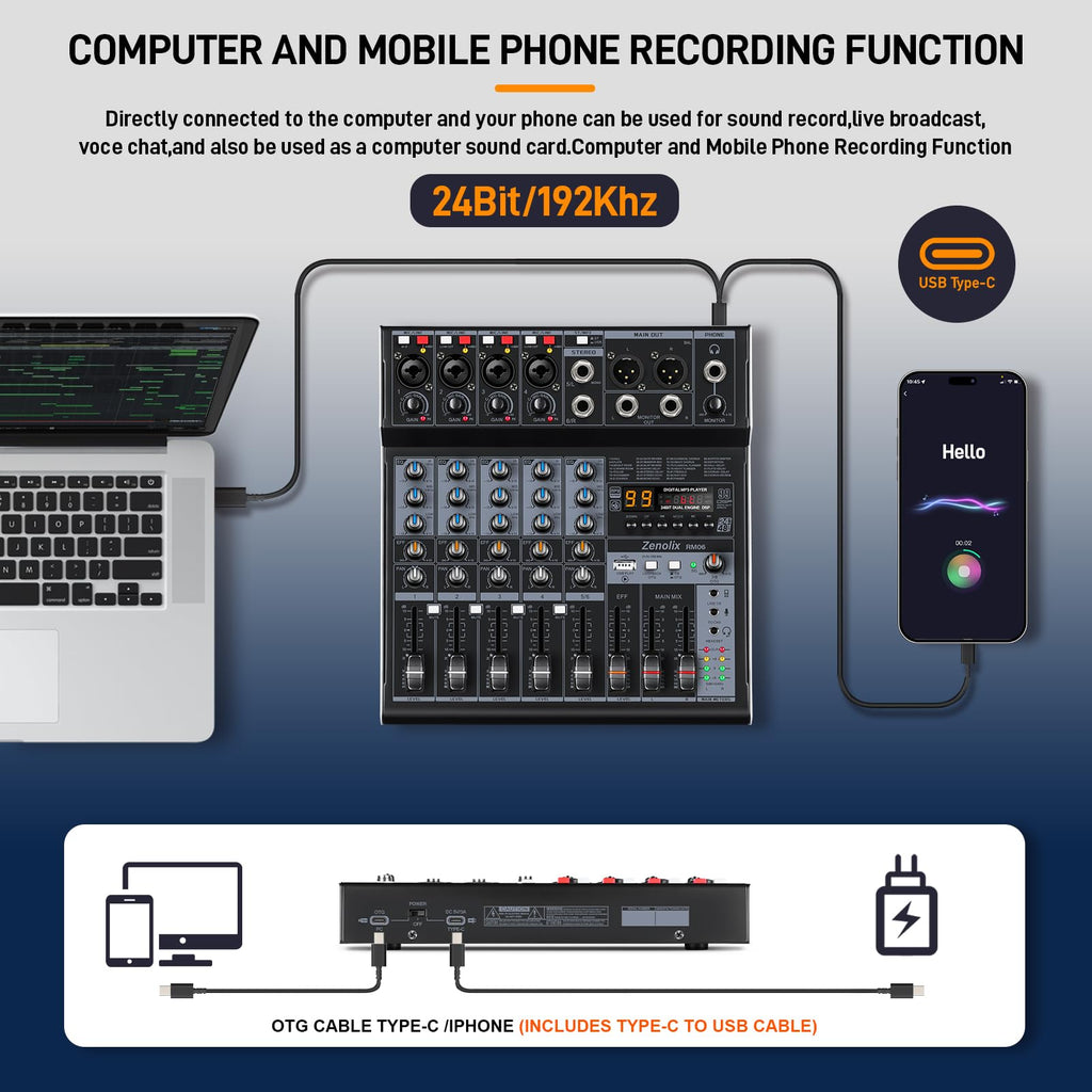 6 Channel Bluetooth Audio Mixer with 2 XLR Inputs Z2434