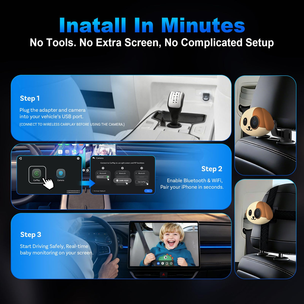 Baby Car Camera with Wireless CarPlay Adapter, 1080P HD, IR Night Vision, 150° Wide-Angle F5475