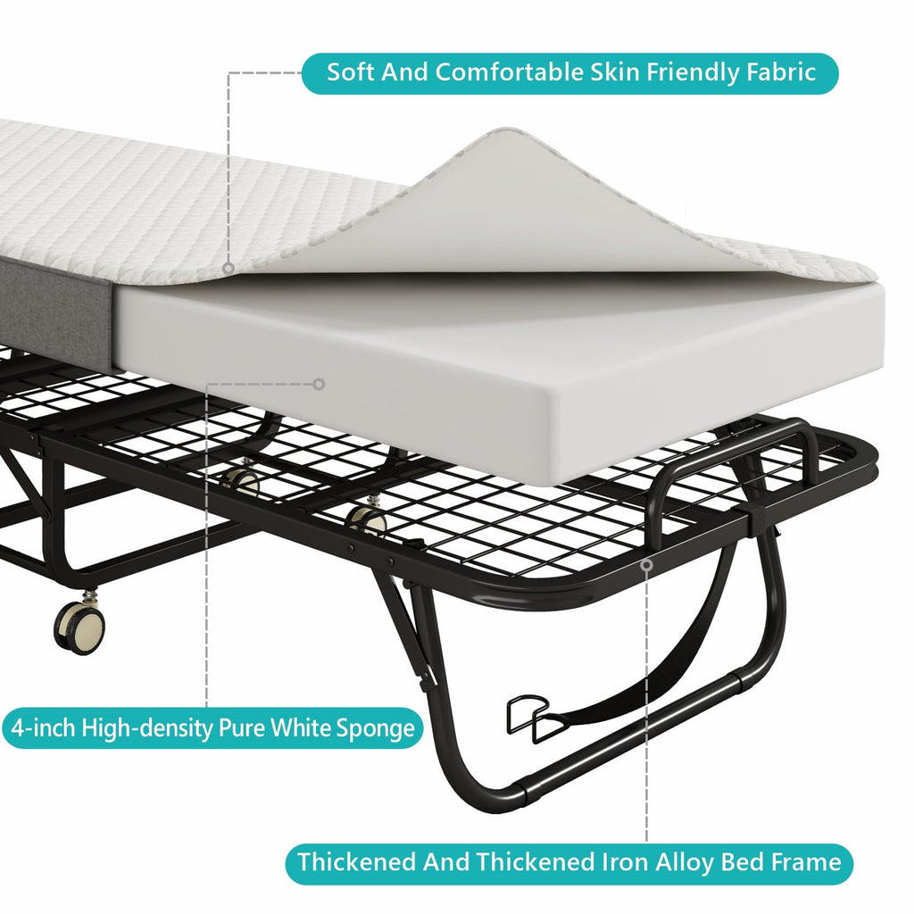 Folding Bed with Mattress, 75" x 31" Portable Rollaway Bed, Metal Frame Guest Bed with Memory Foam Mattress N4144