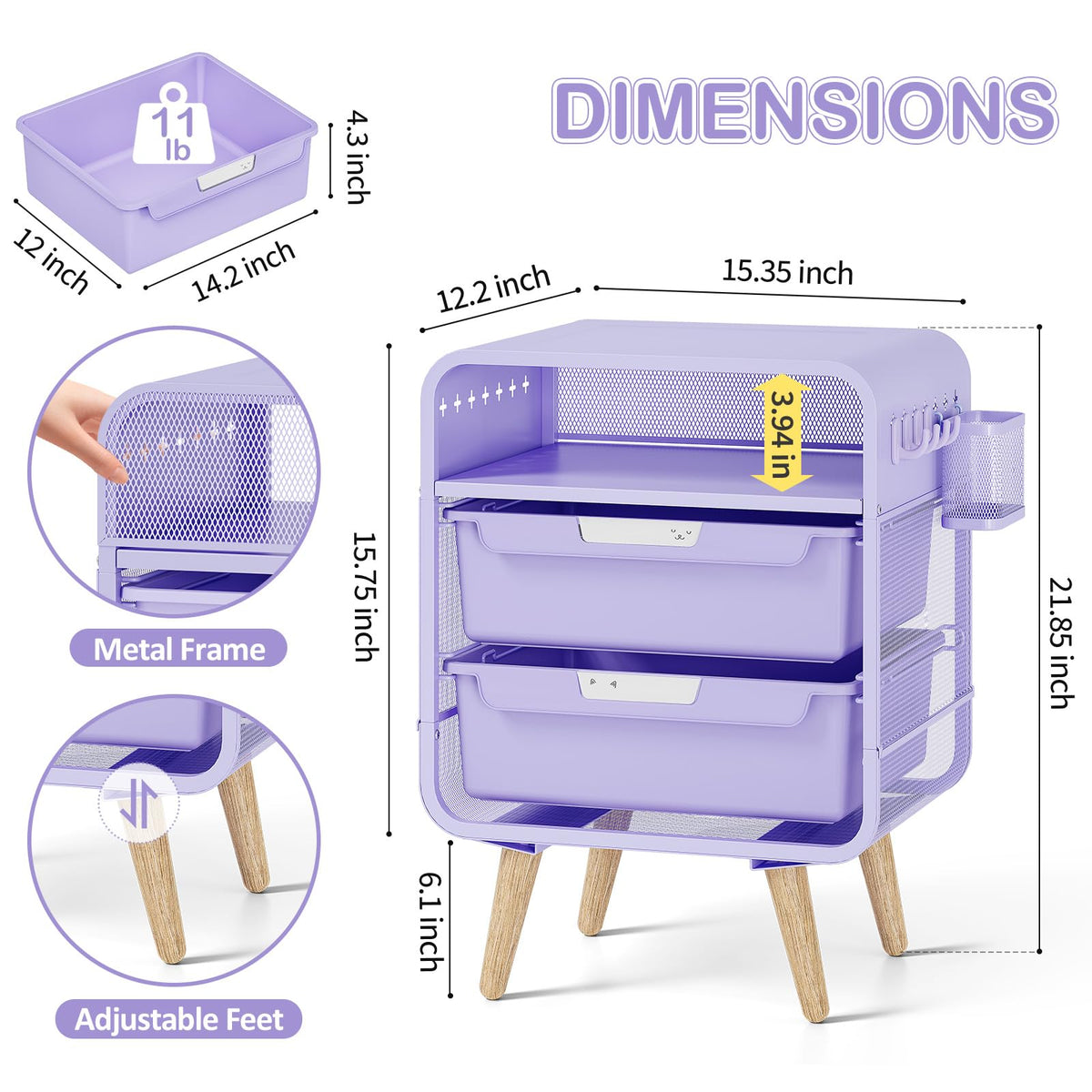 Kids Nightstand, Girls Bedside Table, Night Side Table, Purple L38313